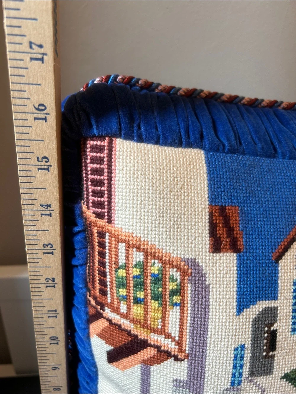 Beautiful Needlepoint Scenic Countryside Pillow  Blue Velvet Back & Lux Cording
